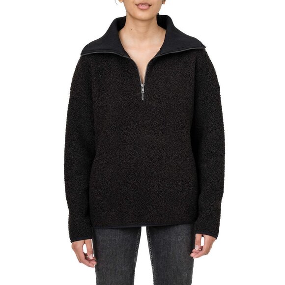 NEW ELLE Looped Fleece Sweater 1/4 Zip Pullover Pockets Collar Blk - L - Picture 12 of 12